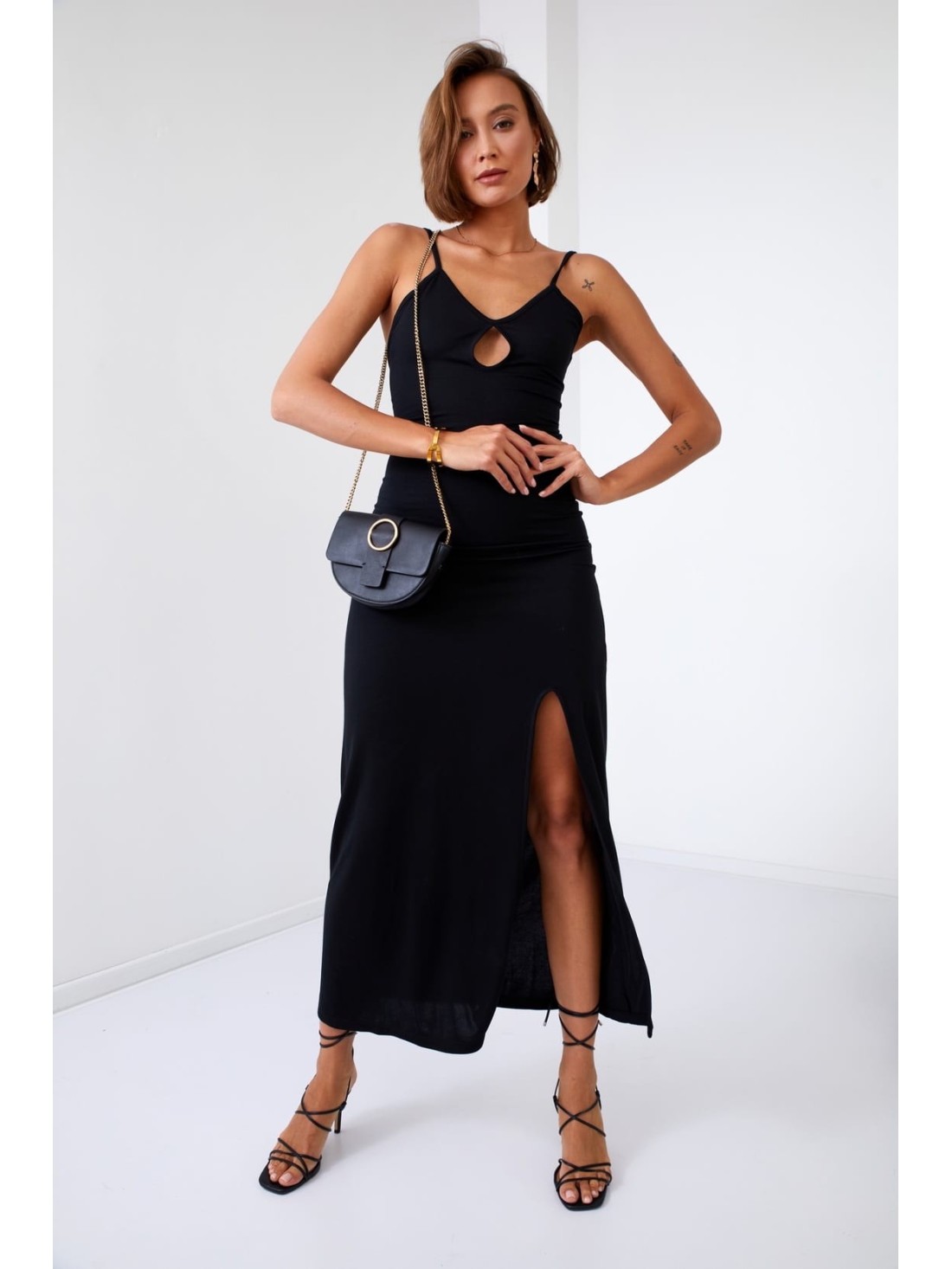 Smooth maxi dress on straps with a slit, black 110570 - Online store - Boutique